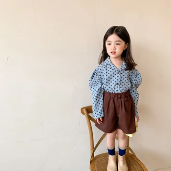 2021 Jesień Koreański styl dziewczyny kropki księżniczka rękawy koszuli moda dla dzieci ścielenia kołnierz z długim rękawem topy dzieci