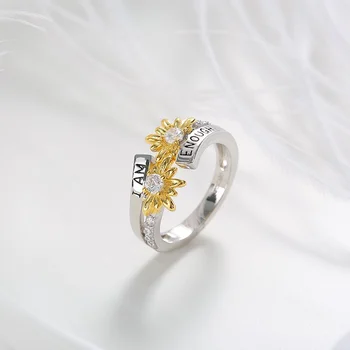 2021 Kryształ Kobieta Słonecznik Pierścionek Ładny Luksusowy Kolor Srebrny Miłość Dekoracje Ślubne Obietnica Cyrkon Kamień Pierścienie dla kobiet