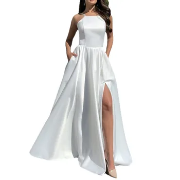 2021 Ladies Dress Casual Brand Sleeveless Suspender Halter Pure Color Satin Elegancka sukienka Nadaje się do oficjalnych imprez