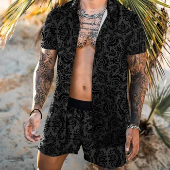 2021 Nowa Letnia moda Męska Hawajski strój Z nadrukiem z krótkim rękawem, na Guziki Sweter Koszula + Spodenki Plażowe Uliczne Codzienne Mężczyźni