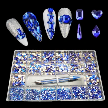 700шт Kryształ Rhinestone 21Grid Błękitne Szkło Diament Flatback Złoto Dno Szkło Gem Z 1 Pick Up Pen