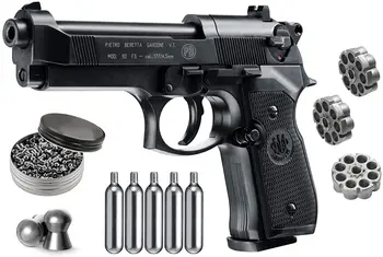 Beretta M92FS Blowback Air Gun z rezerwuarami 5x12 CO2 i opakowaniem 500ct ołowianych granulek Bundle (Black+Mag+Accessories) Metalowa naścienna szyld