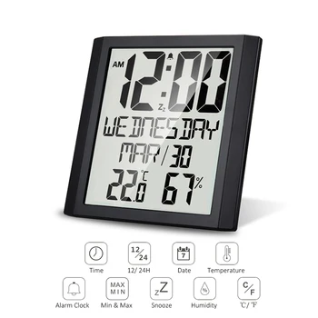 Cyfrowy zegar Ścienny z Temperaturą i wilgotnością 8,6 cala Godzina/ Data/ Tydzień Budzik i Powtarzanie na Podczerwien Monitor pogoda