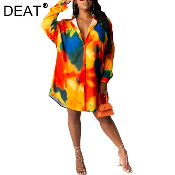 DEAT 2021 New Women Fashion Tlapel Long Sleeve Gradient Color Printing Loose Tie Dye Однобортная koszula Lato Jesień 7E1057
