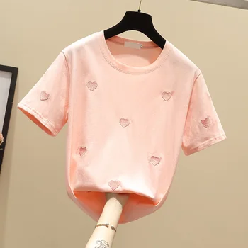 Gkfnmt Letnie Koszulki Haft Miłość Koszulka Damska Casual t-Shirt Femme 2021 Short Rękaw Koszulka Damska Bawełna Cienki Różowy Fioletowy Topy