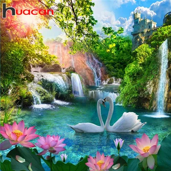 Huacan 5D Diamond Painting Cross Stitch Waterfall Full Drill Square Swan Diamond Embroidery Mosaic Landscape Home Decoration