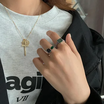 Huanzhi 2020 Nowy Modny Zielony Rhinestone Emalia Crystal Łańcucha Srebrzona Otwieranie Pierścienie dla Kobiet Dziewczyny Biżuteria Prezenty