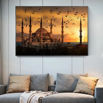 Islamski Krajobraz Widok Na Zachód słońca Płótno Malarstwo Muzułmański Meczet Plakat Drukowanie Uchwyt Sztuka Malarstwo Куадро do Salonu Wystrój Ścian