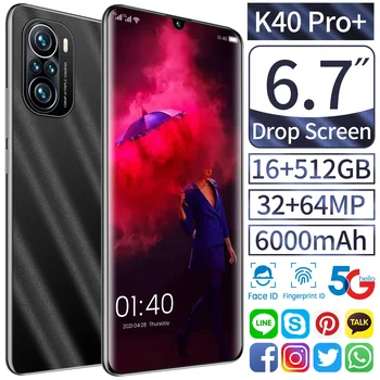K40 Pro+ 6,7-Calowy smartfon Globalna Wersja Galaxy 16+512G Android 6000mAh Li-ion Duża Bateria telefon komórkowy 32MP+64MP Kamera