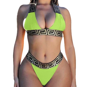 Kobiety Koronki Czysty Kolor Bikini 2021 Mujer Wysoka Talia Pasek Split strój Kąpielowy Bikini Retro strój Kąpielowy dwuczęściowy Retro odkrytymi Plecami