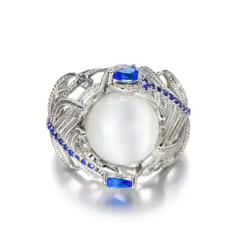 Kobiety moda Pierścień Ogromny Kamień Księżycowy Pierścień dla Kobiet Niebieski Kryształ Ślub Zaręczyny panna Młoda Kwiat Rocznika Pierścienie Wysokiej Jakości