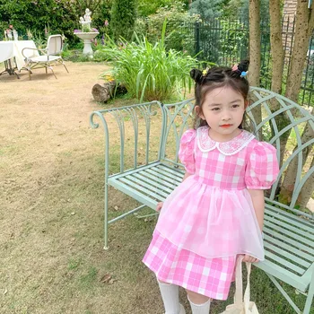 Lato Nowy przyjazdowy Koreański styl sukienka dziewczyny z koronkowym kołnierzykiem bańka rękawy sukni dla miłych słodkich dziewczynek