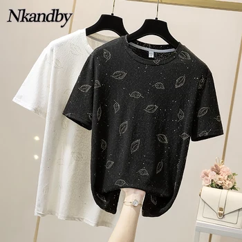 Nkandby Plus Size Cotton Shining T Shirt Women Summer Golden Wzór Casual Loose T-shirt Oversize Short Sleeve Soft Tops