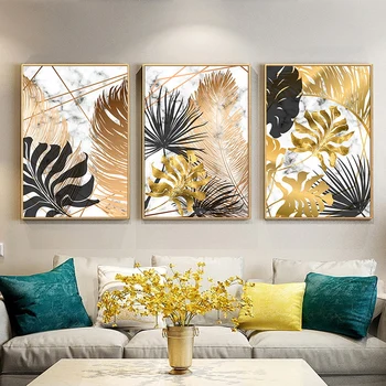 Nordic plant gold leaf canvas painting posters and printed mural pictures, salon, sypialnia, jadalnia, nowoczesne wykończenie