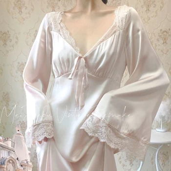 QWEEK Jedwabna Koszula Nocna Eleganckie Sukienki dla kobiet Wiosna Lato 2021 bielizna Nocna Koronkowa bielizna Nocna Z Długim Rękawem Koszula Nocna Kostki Lady