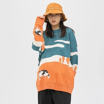 Rocznika Zimowe Młodzieżowe Męskie Krowie Swetry Moda Koreański O-Neck Przewymiarowane z dzianiny sweter Kobiety 2021 Casual Męskie Harajuku