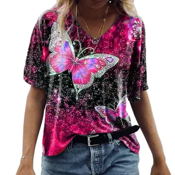 S-5XL Cute Butterfly 3D Printing Women T Shirts Summer New Casaul Clothes Sweter Z Dekoltem i Krótkim Rękawem Biała koszulka Ladies Tee