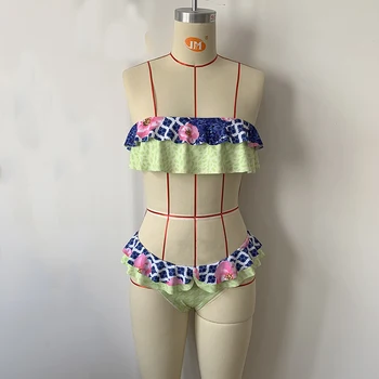 Sexy Women ' s Bandeau Swimsuit 2021 New Foral Printed Bikini Sets 2 Piece Split Bathing Suit Mujer Ruffled Swimwear Beach Wear