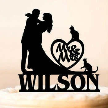 Spersonalizowany Ślubny Ciasto Topper, Sylwetka Pan i Pani z kotami Ciasto Topper, Nazwisko Wedding Cake Topper z kotami