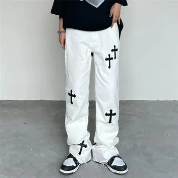 Wzór Gotycki Fajna Haft Szerokie Nogawki Hip-Hop Długie Spodnie Kombinezon Harajuku Wear Punk Denim Black BF Meble odzież Spodnie cargo