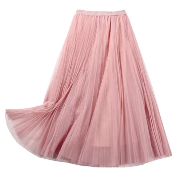 Spódnica Z Tiulu Damskie Elastyczne Różowe Plisowane Spódnice 2021 Wiosna Lato Koreański Wysoka Talia Siatki Długie Spódnice Tutu Wakacje - 