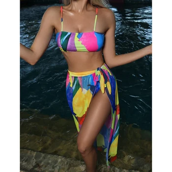 Kolorowy Kobiecy kostium Kąpielowy Bandeau High Wiast Bikini Kobiety strój Kąpielowy 3-pieces Bikini zestaw Siatka Długa Spódnica stroje Kąpielowe strój Kąpielowy - 