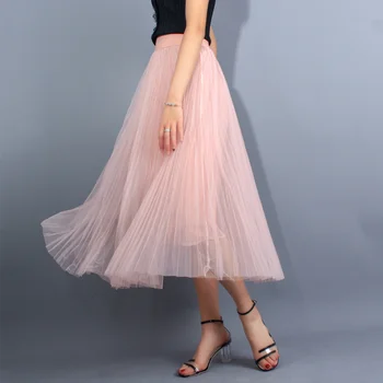Spódnica Z Tiulu Damskie Elastyczne Różowe Plisowane Spódnice 2021 Wiosna Lato Koreański Wysoka Talia Siatki Długie Spódnice Tutu Wakacje - 