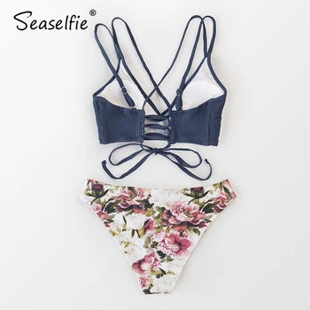 SEASELFIE 2021 Sexy Lace Up Low waist Bikinis Set stroje Kąpielowe Damskie stroje kąpielowe strój Kąpielowy Dwustronny Niebieski Szary Bikini stroje Kąpielowe - 
