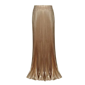 2019 Letnia Moda Vintage, Srebrny, Złoty Metal Stałe Spalony Maxi Spódnica Wysoka Talia Plaża Długie Plisowane Spódnice Dla Kobiet Panie - 