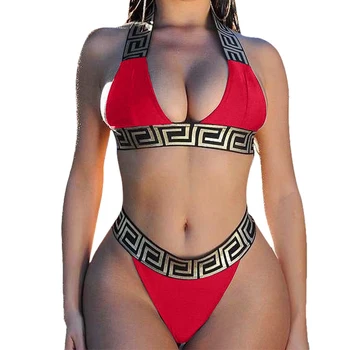 Kobiety Koronki Czysty Kolor Bikini 2021 Mujer Wysoka Talia Pasek Split strój Kąpielowy Bikini Retro strój Kąpielowy dwuczęściowy Retro odkrytymi Plecami - 