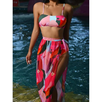 Kolorowy Kobiecy kostium Kąpielowy Bandeau High Wiast Bikini Kobiety strój Kąpielowy 3-pieces Bikini zestaw Siatka Długa Spódnica stroje Kąpielowe strój Kąpielowy - 
